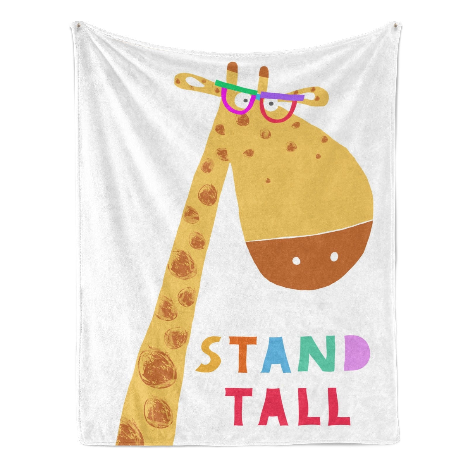 Kids' giraffe blanket with 'STAND TALL' text. Soft flannel throw for babies and kids.