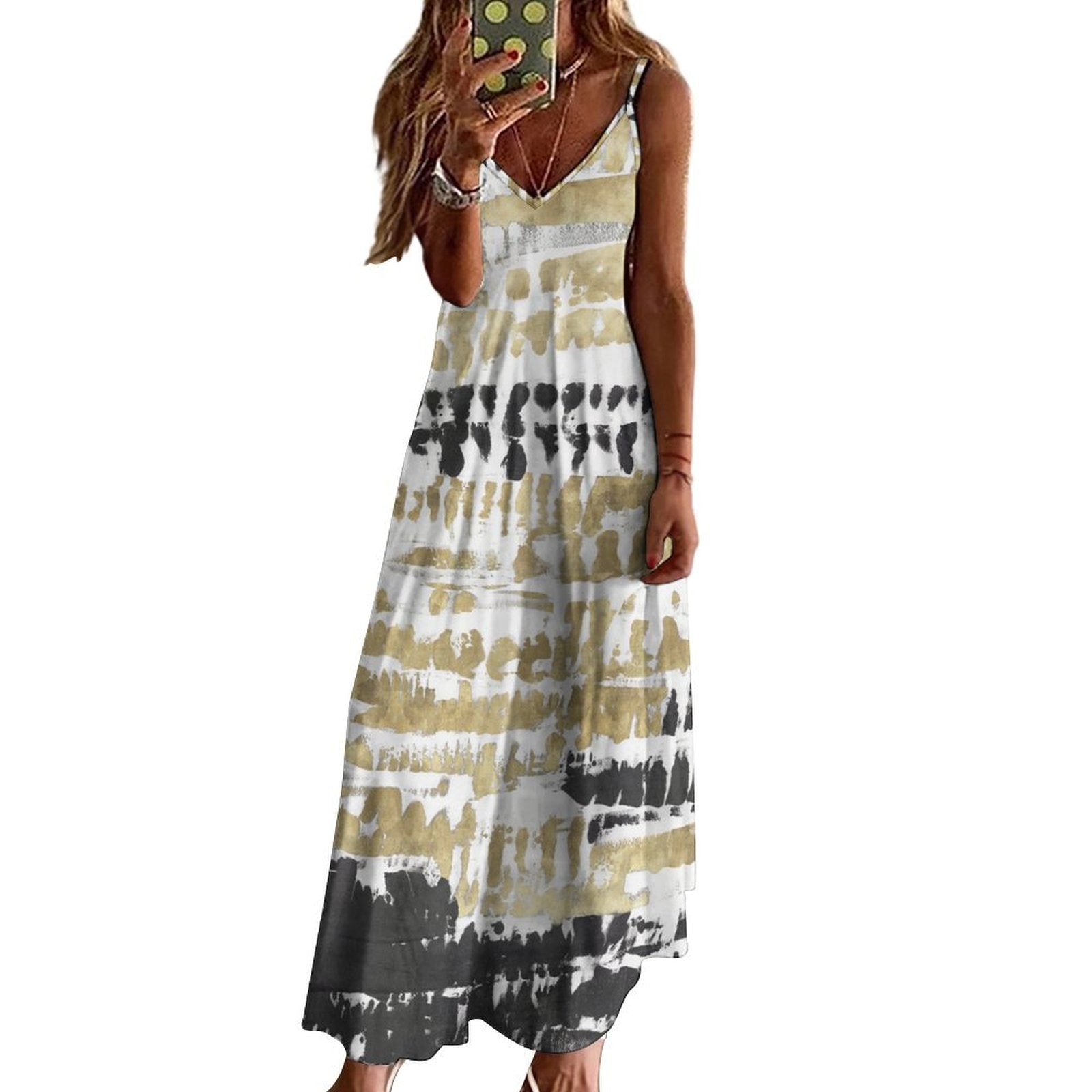 Women's long slip dress with tie-dye print in white, gold, and black, polyester, backless design. Perfect for summer.