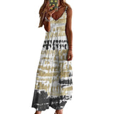 Women's long slip dress with tie-dye print in white, gold, and black, polyester, backless design. Perfect for summer.