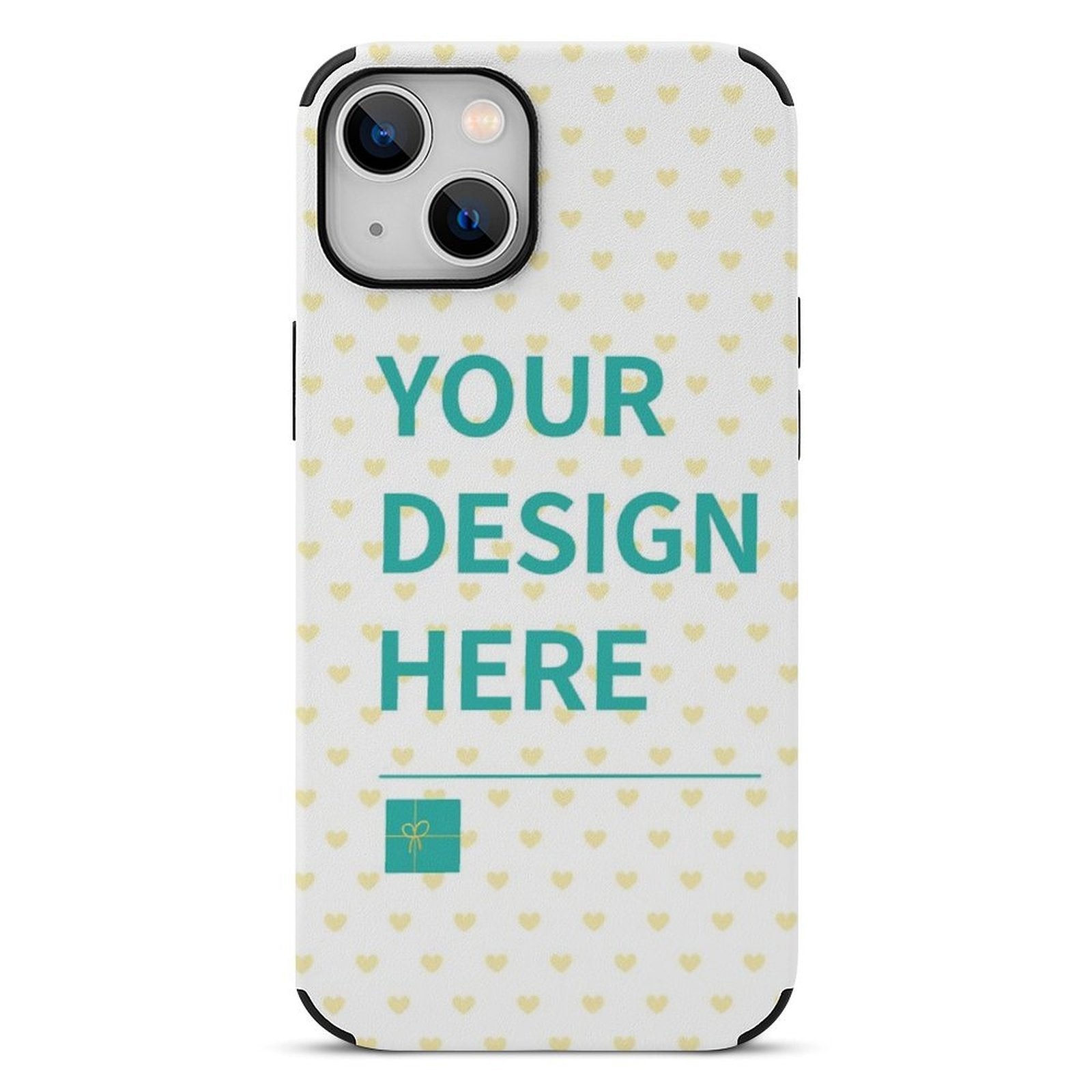 Custom iPhone 13 series phone case with heart pattern and 'YOUR DESIGN HERE' design, fiber leather cover