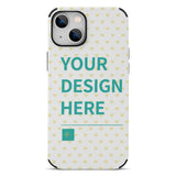 Custom iPhone 13 series phone case with heart pattern and 'YOUR DESIGN HERE' design, fiber leather cover