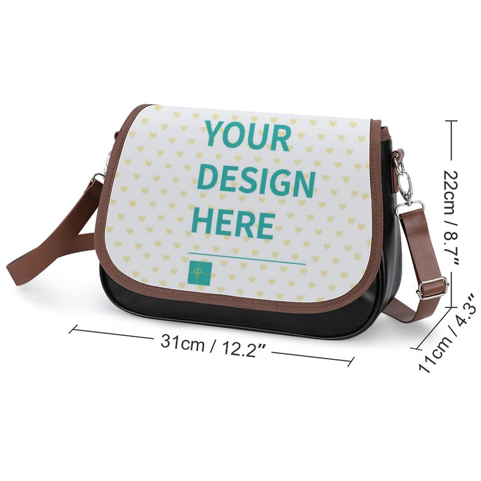 Customizable black PU leather crossbody bag with "YOUR DESIGN HERE" design, a perfect personalized gift from MyArtsyGift
