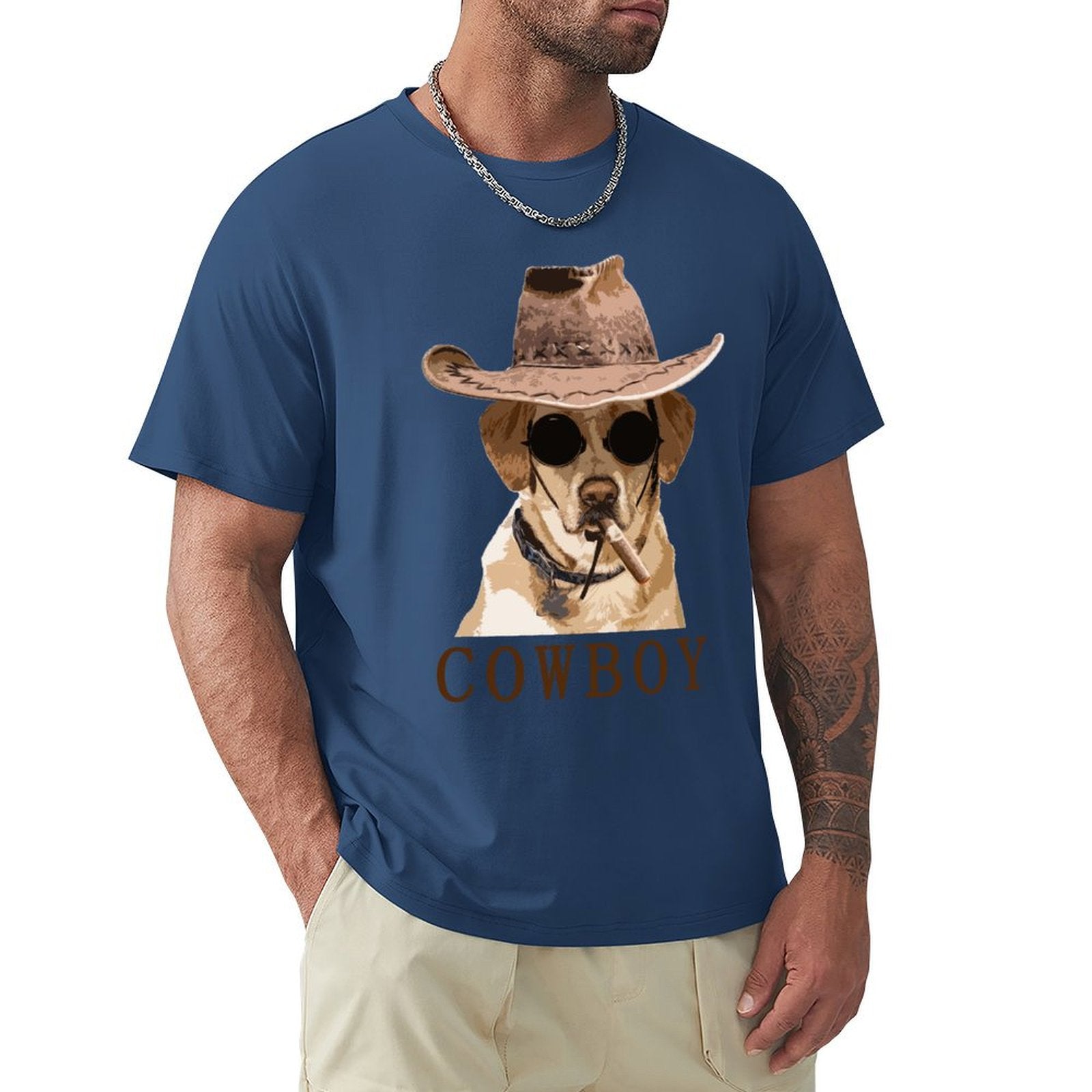 Men's navy blue Cowboy Dog t-shirt with classic tee design, MyArtsyGift.com