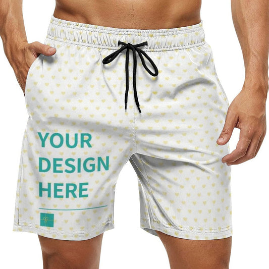 Custom Men's Swim Trunks with 'YOUR DESIGN HERE', featuring yellow heart print on a white fabric, drawstring, and pockets.