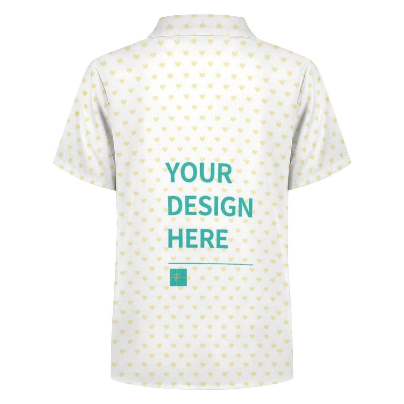 Customizable kids' polo shirt with heart pattern and 'YOUR DESIGN HERE' text, personalized clothing.