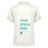 Customizable kids' polo shirt with heart pattern and 'YOUR DESIGN HERE' text, personalized clothing.