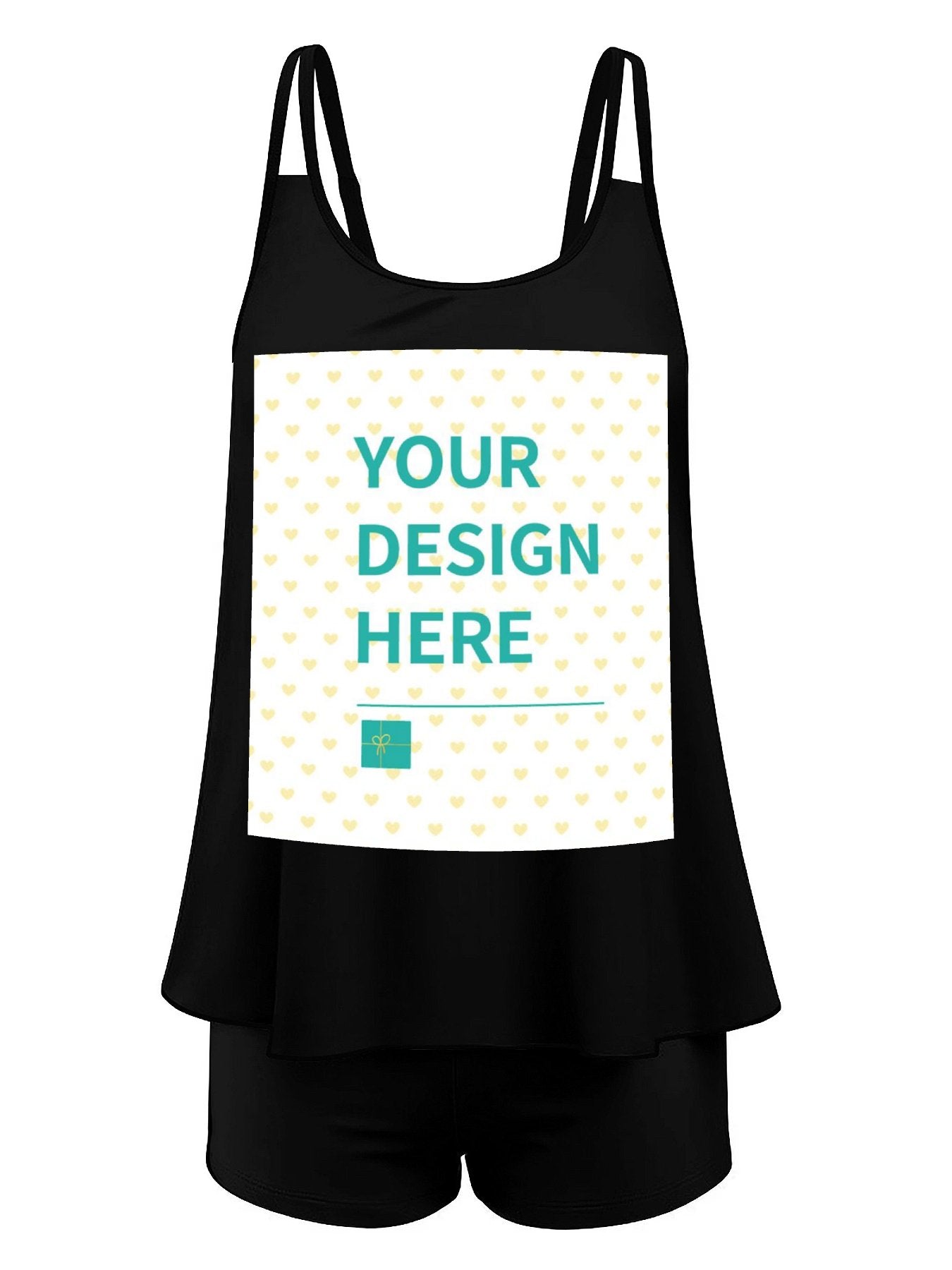 Customizable black tankini swimsuit with YOUR DESIGN HERE, perfect for beaches and vacations.