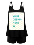 Customizable black tankini swimsuit with YOUR DESIGN HERE, perfect for beaches and vacations.