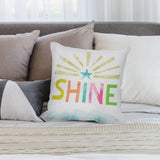 Soft, fluffy plush pillow cover with colorful "SHINE" design, perfect for adding charm to a sofa or living room.