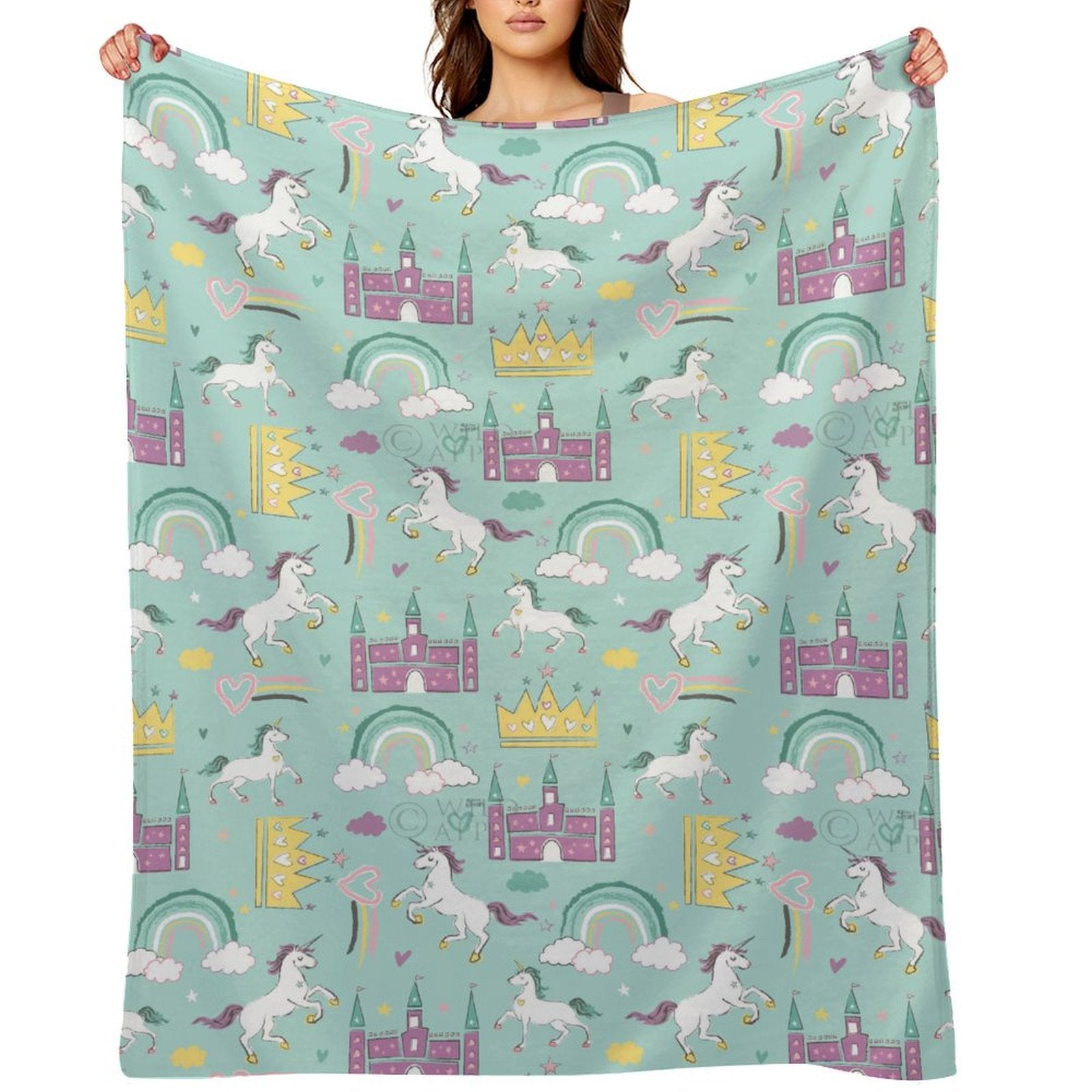 Rainbow Dream Fleece Blanket with Unicorns, Castles, and Rainbows - Soft & Cozy