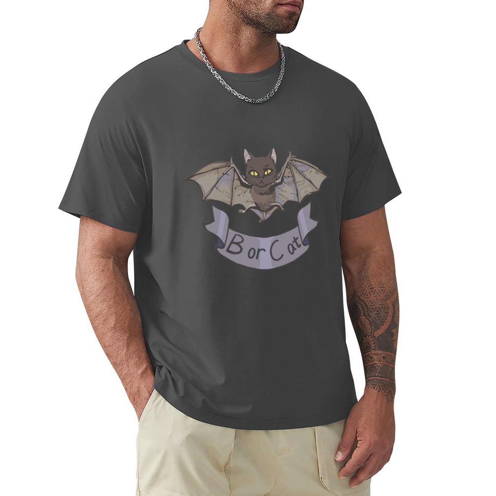 MyArtsyGift Men's black Bor Cat t-shirt. Crew neck tee with cat bat graphic.