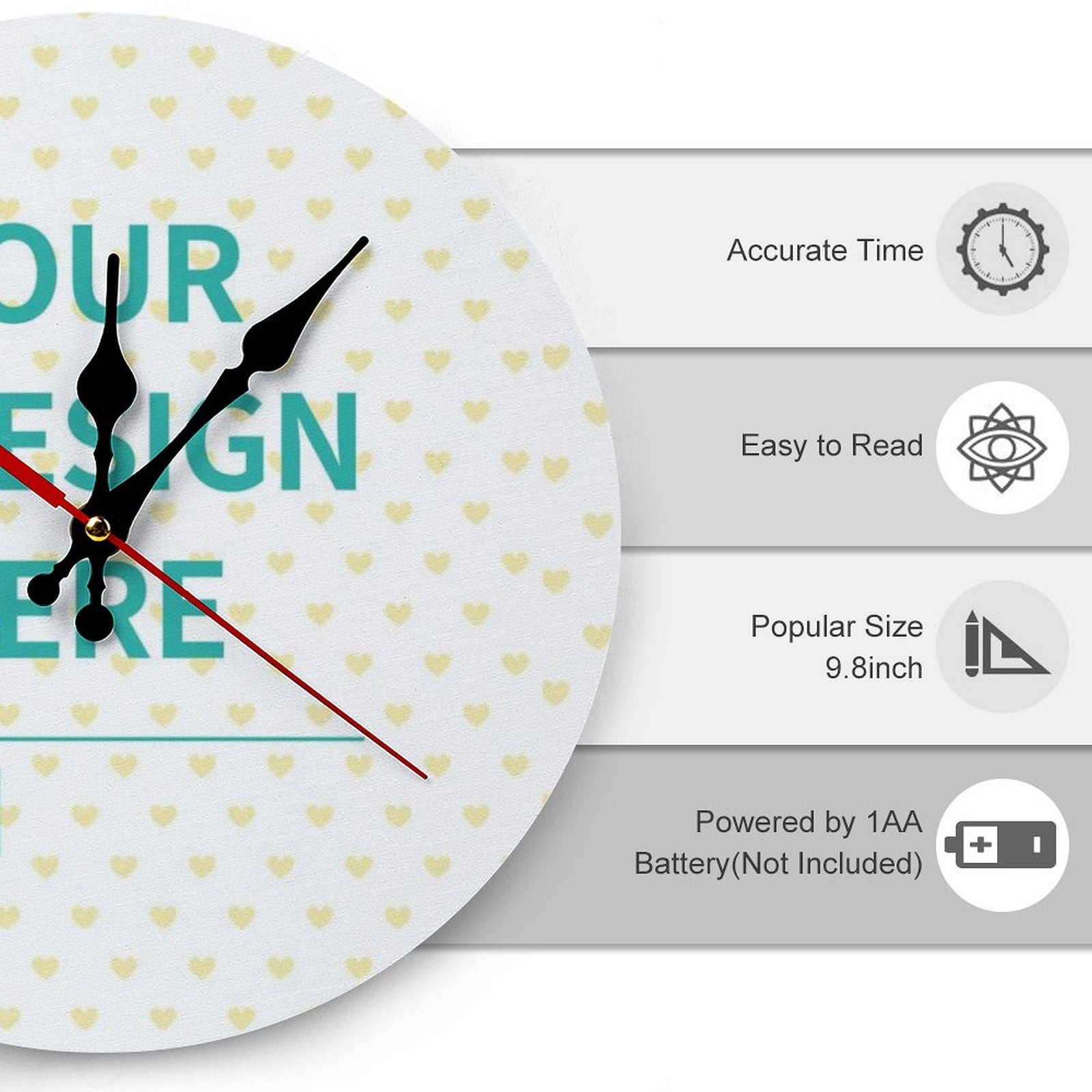Customizable round wooden wall clock with design area, heart pattern, accurate time, and 9.8inch size for home decor.