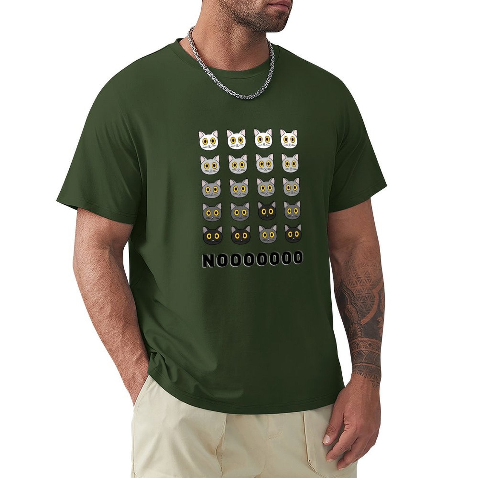 MyArtsyGift Men's green short sleeve tee with repeating cat faces and NOOOOOOOO text