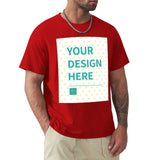 Men's red customizable short sleeve t-shirt with 'YOUR DESIGN HERE' design. Customize your tee at MyArtsyGift.