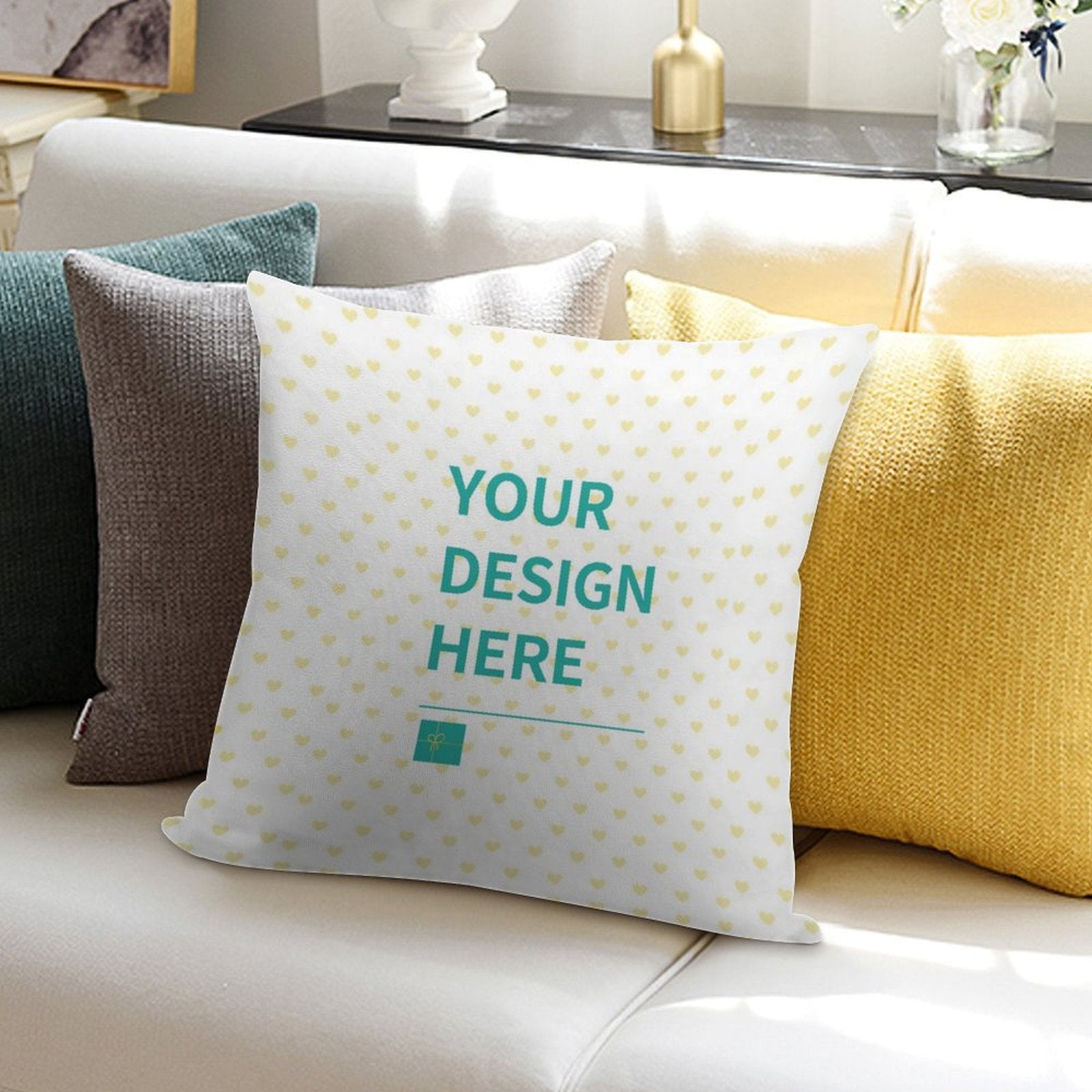 Customizable pillow with 'Your Design Here' text, perfect for personalization at MyArtsyGift