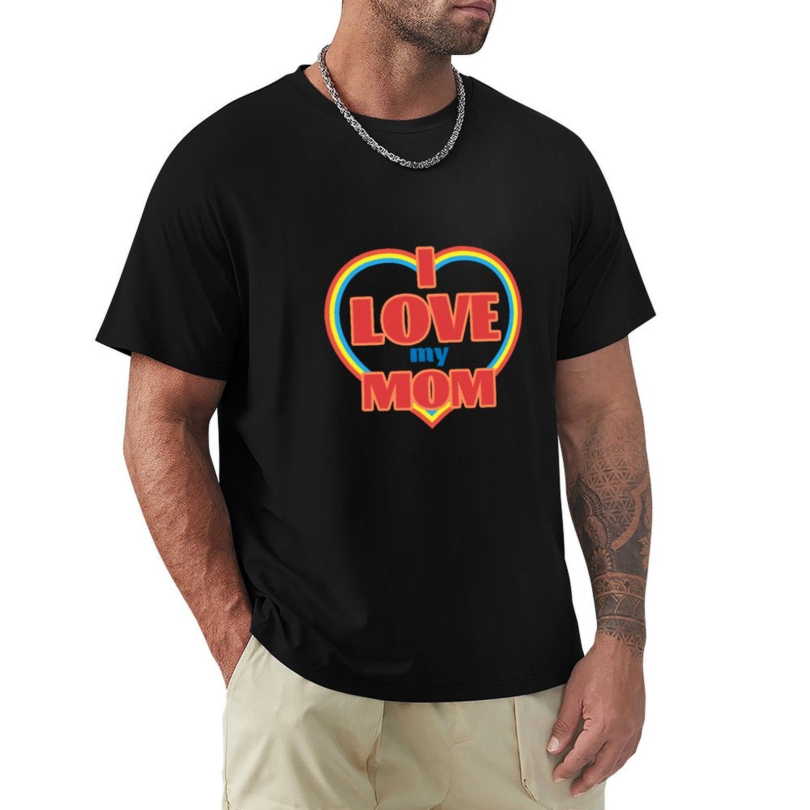 Black crew neck t-shirt with 'I Love my Mom' design, MyArtsyGift apparel for men.