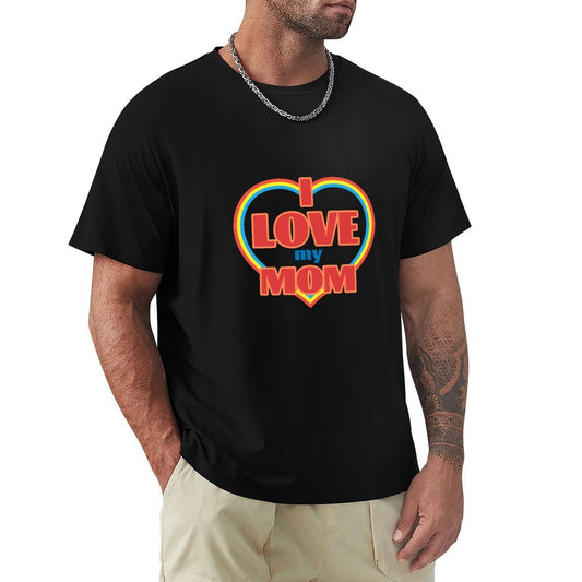 Black crew neck t-shirt with 'I Love my Mom' design, MyArtsyGift apparel for men.