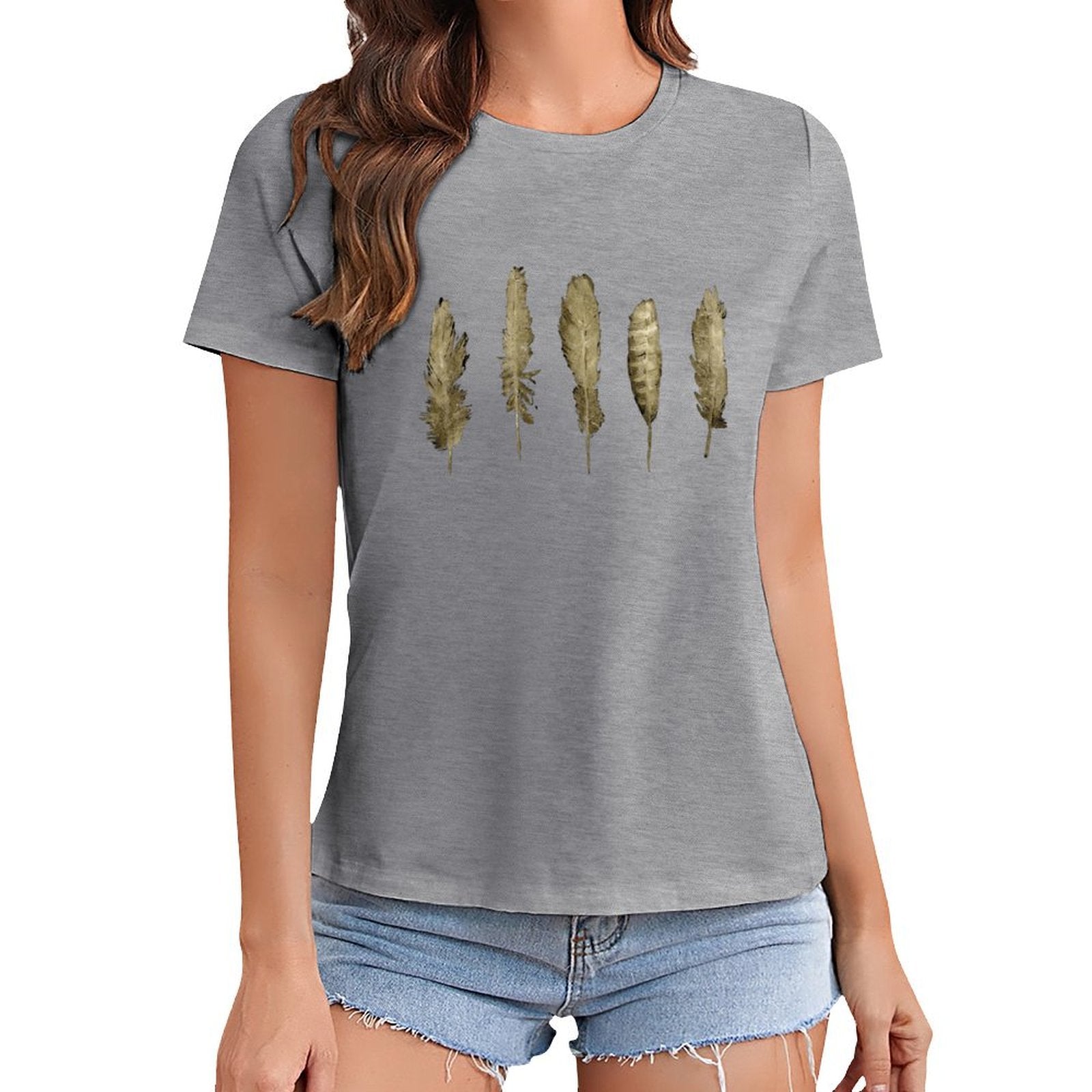 Women's gray t-shirt with gold feather print. MyArtsyGift, casual style.