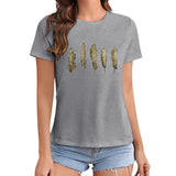 Women's gray t-shirt with gold feather print. MyArtsyGift, casual style.