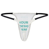 Personalized thong for women, featuring YOUR DESIGN HERE text, custom panties, white fabric