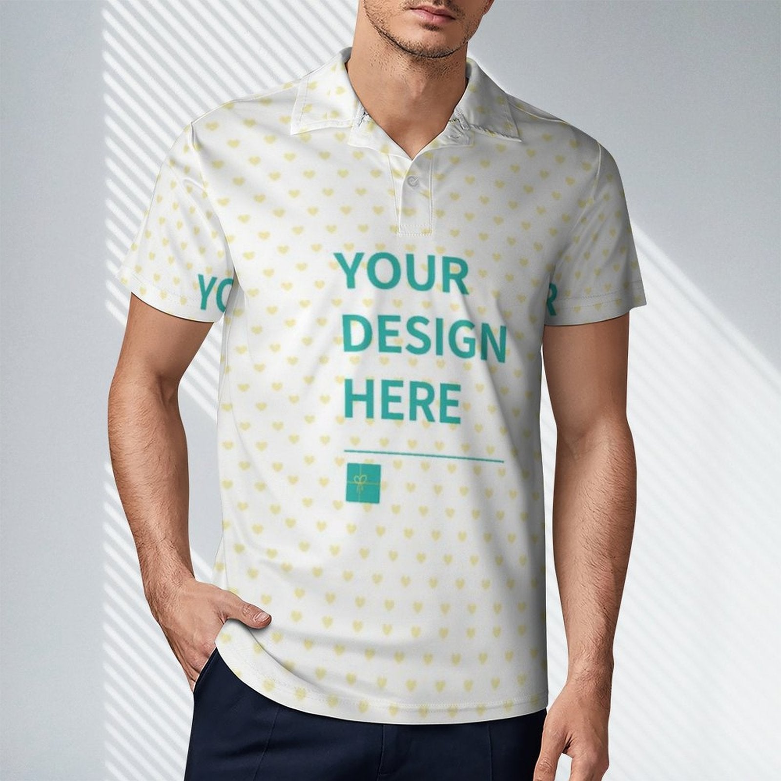 Customizable men's polo shirt with heart pattern. Text says 'Your Design Here'. Made from comfortable cotton pique.