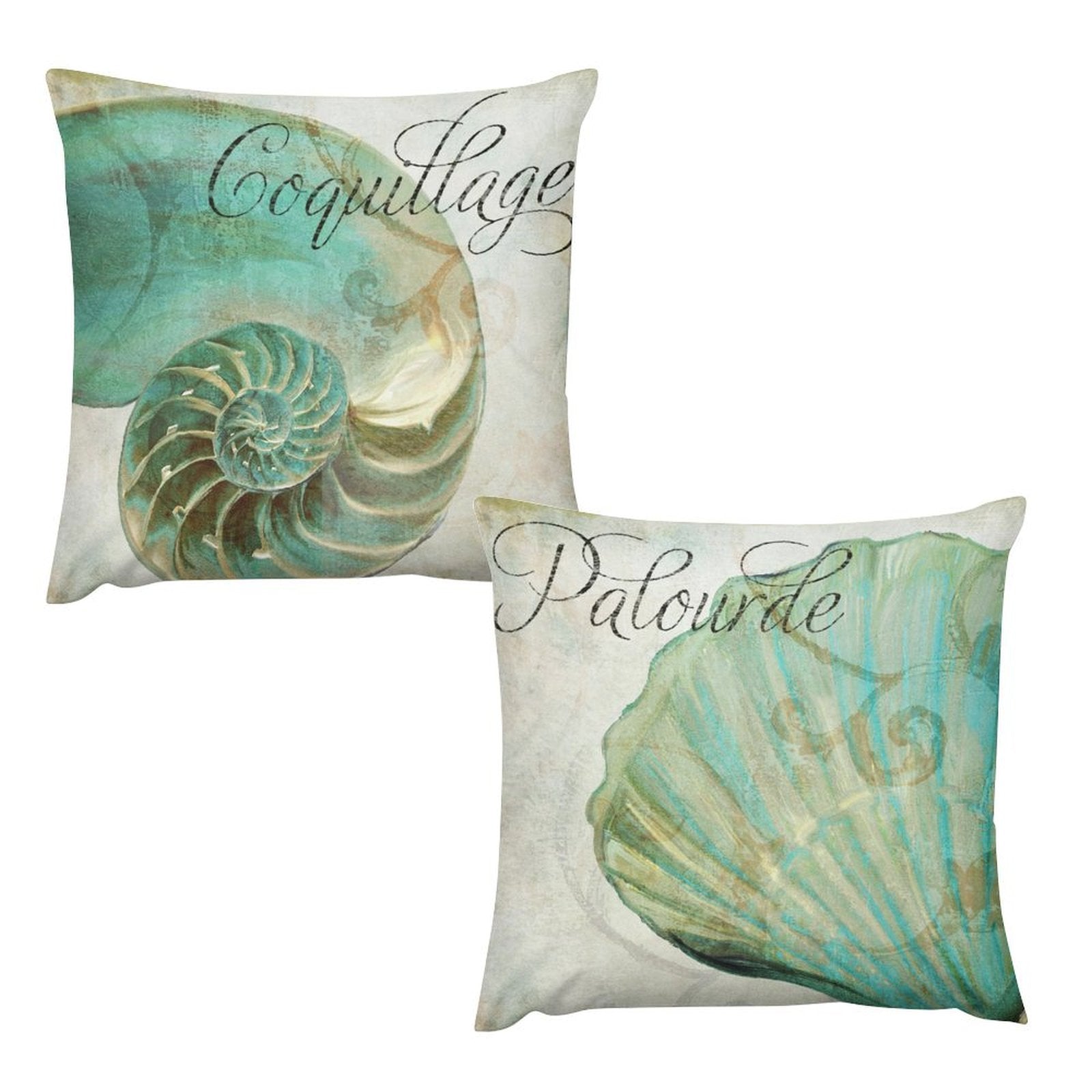 Set of 2 square short plush pillow covers with turquoise seashell designs, Coquillage and Patourde text.