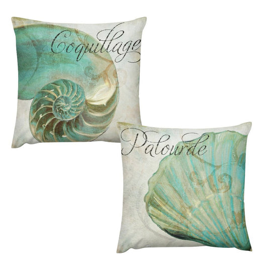 Short plush pillow covers with teal seashell art. "Coquillage" and "Patourde" text. Decorative home cushions.