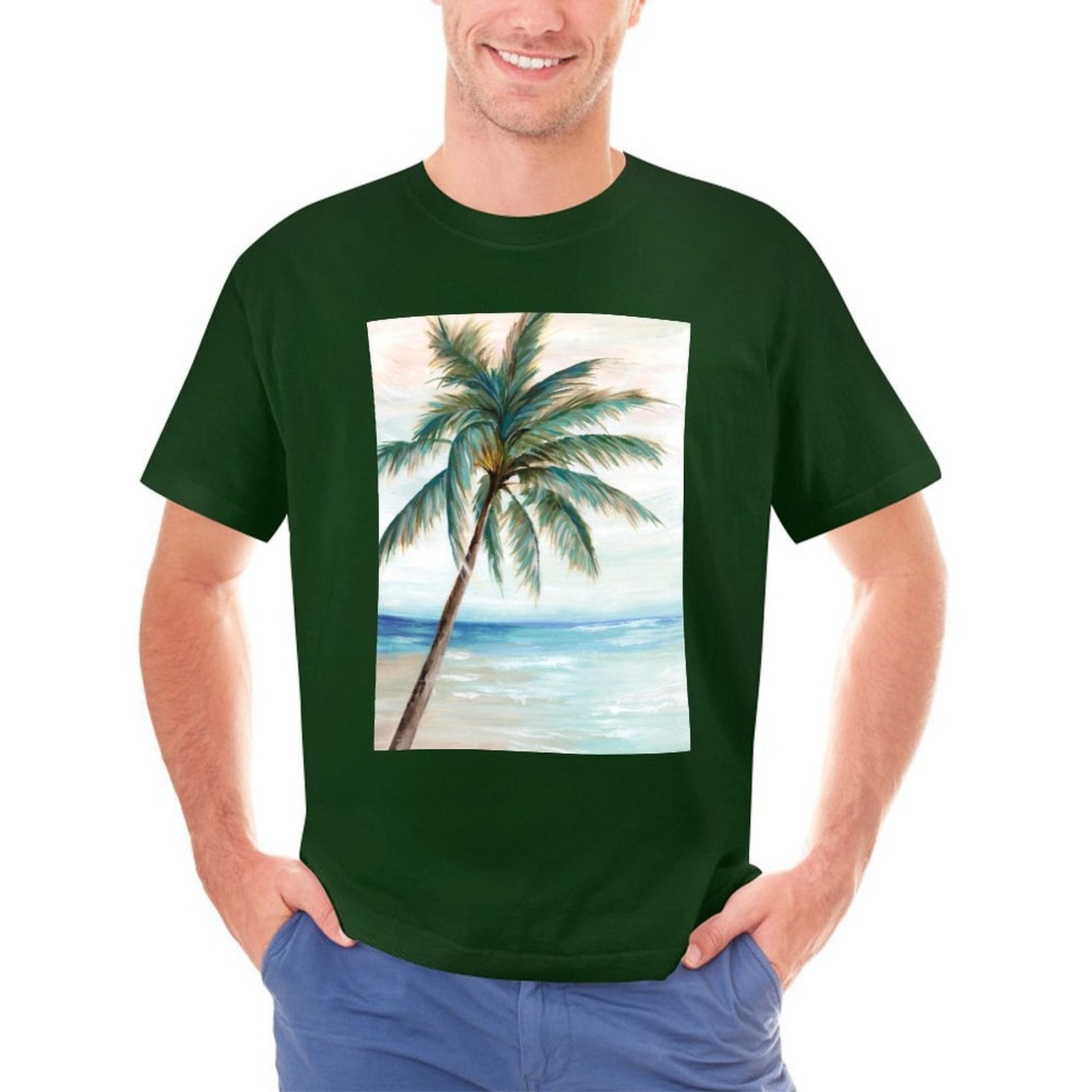 Green crew neck men's t-shirt with a palm tree beach scene graphic print for casual wear.