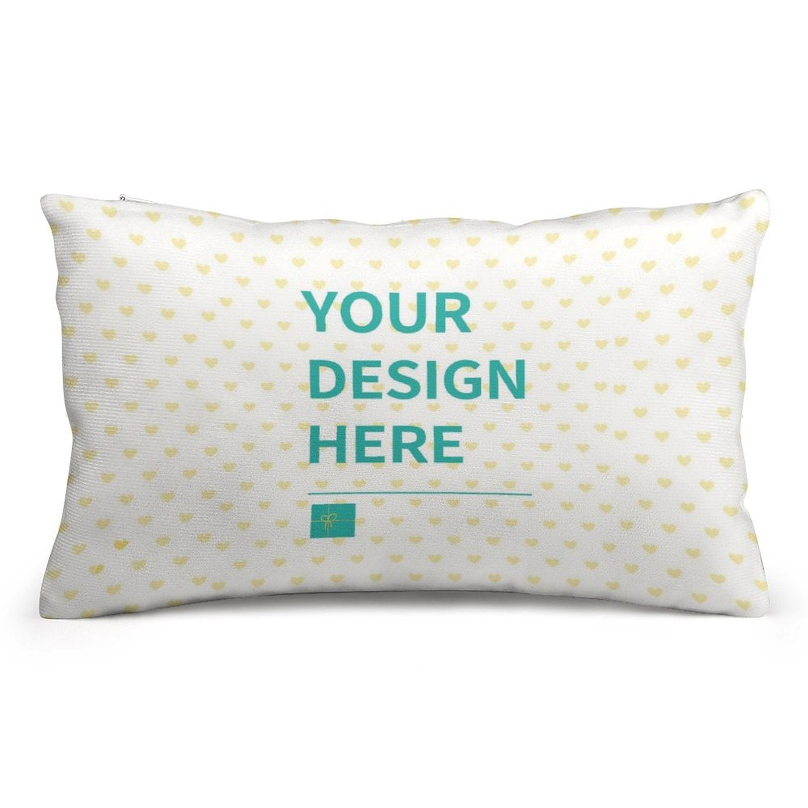 Personalized throw pillow cover with custom design. Soft plush fabric with 'YOUR DESIGN HERE' text and heart pattern.