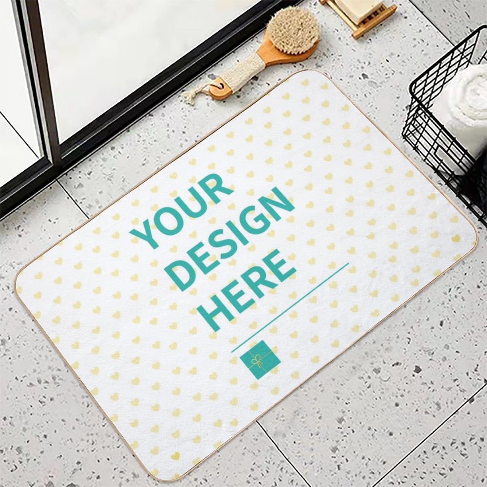 Personalized floor mat with 'YOUR DESIGN HERE' text and heart pattern, washable, anti-slip.