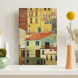Modern building wall art canvas print for home decor. Colorful architecture artwork in minimalist style.