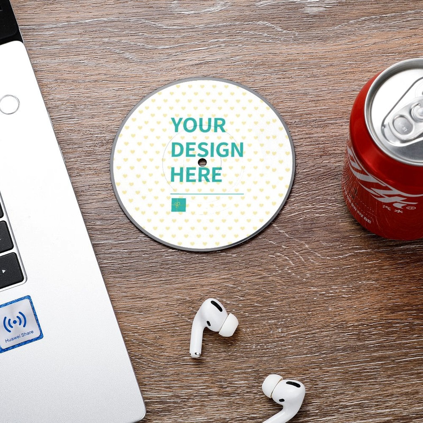 Customizable coaster with retro CD design and "YOUR DESIGN HERE" text, perfect for personalized gifts