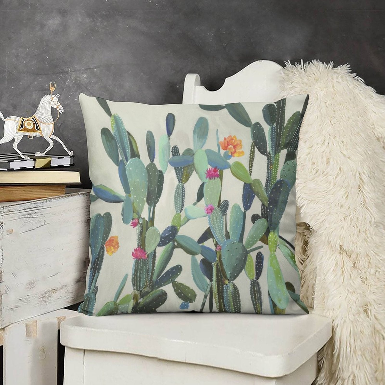 Soft plush cactus pillow cover. Green, pink, and orange botanical design, perfect for sofa or living room decor.