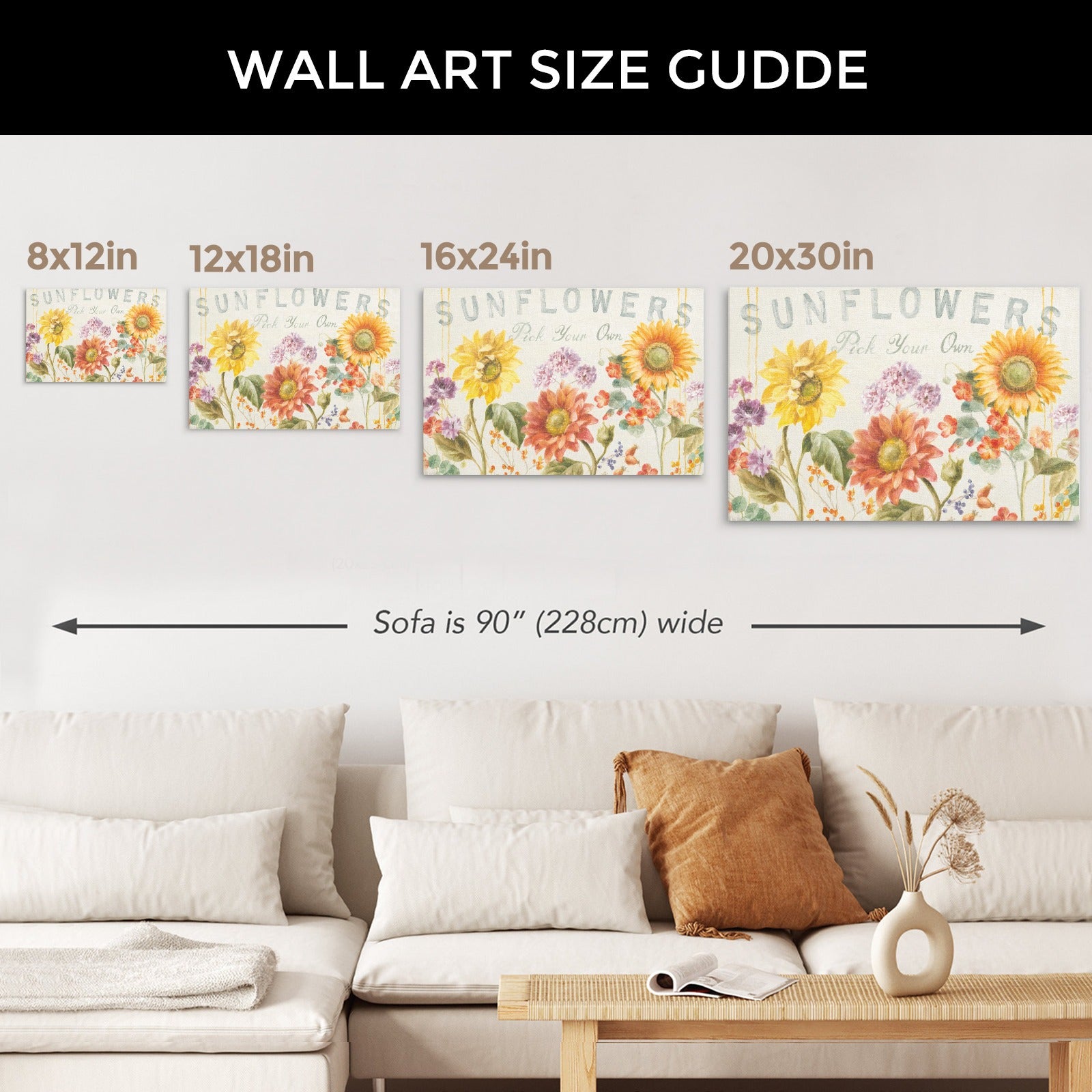 Floursack Autumn IX Sunflower Canvas Print size guide. Sunflower wall art with "Pick Your Own" text, perfect for home decor.
