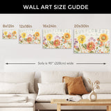 Floursack Autumn IX Sunflower Canvas Print size guide. Sunflower wall art with "Pick Your Own" text, perfect for home decor.
