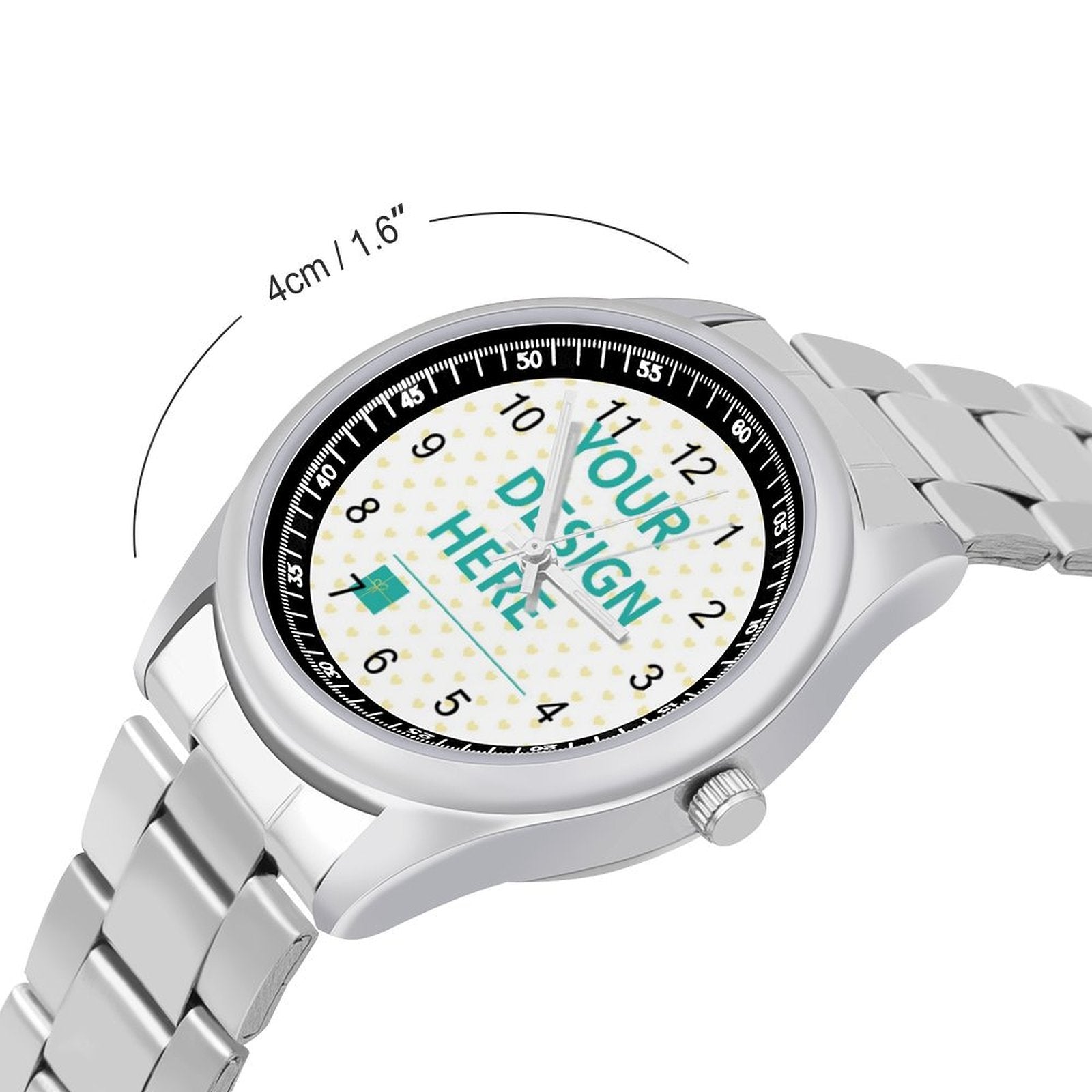 Custom stainless steel watch with 'YOUR DESIGN HERE' design, personalized gift.