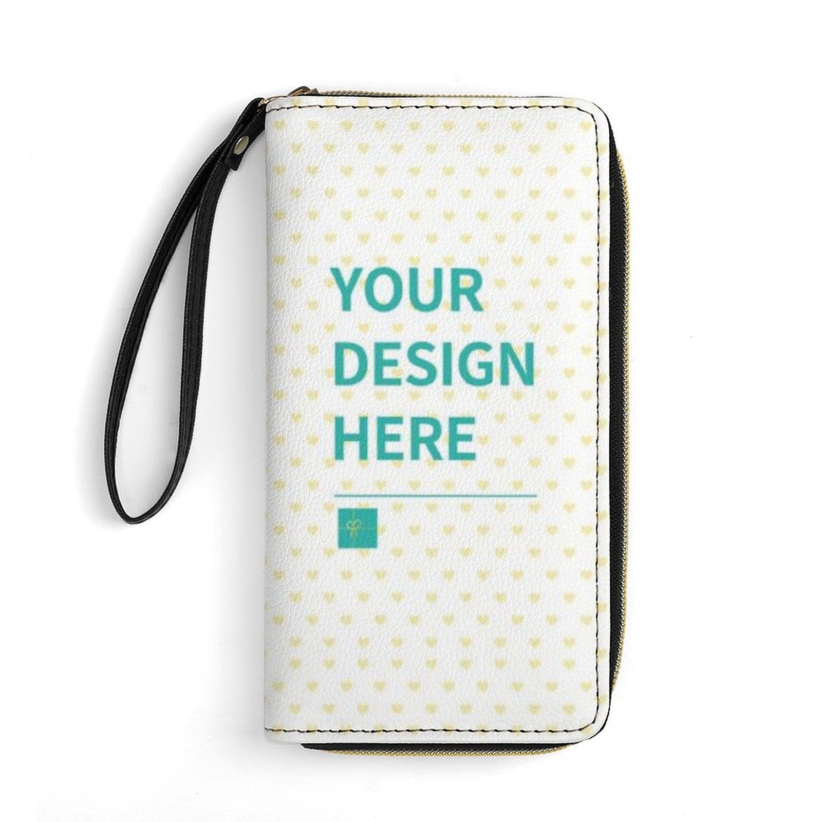 Customizable PU leather wallet with wrist strap, featuring heart pattern and 'YOUR DESIGN HERE' design.