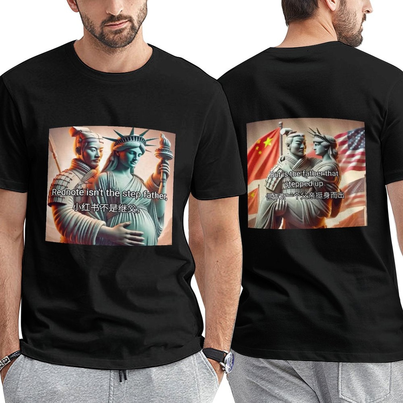 Black unisex cotton t-shirt, funny meme Rednote, Statue of Liberty and Chinese soldier design