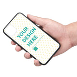 Customizable iPhone 11 case featuring 'YOUR DESIGN HERE' text and a heart pattern, made of TPU and Glass.