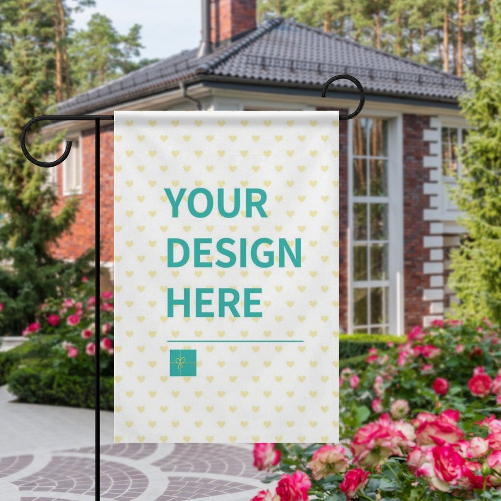 Personalized garden flag with heart pattern and 'YOUR DESIGN HERE' text, perfect for outdoor decor.