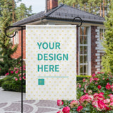 Personalized garden flag with heart pattern and 'YOUR DESIGN HERE' text, perfect for outdoor decor.