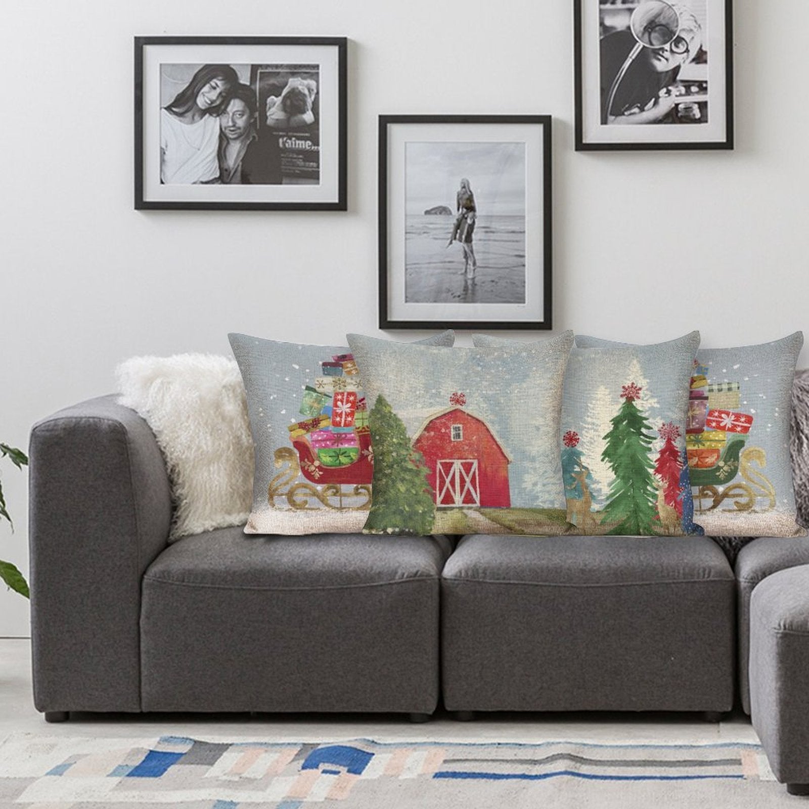 Cotton linen pillow case set of 4 with Christmas designs. Sleighs, red barn, gifts, and winter scenes. Perfect decor.