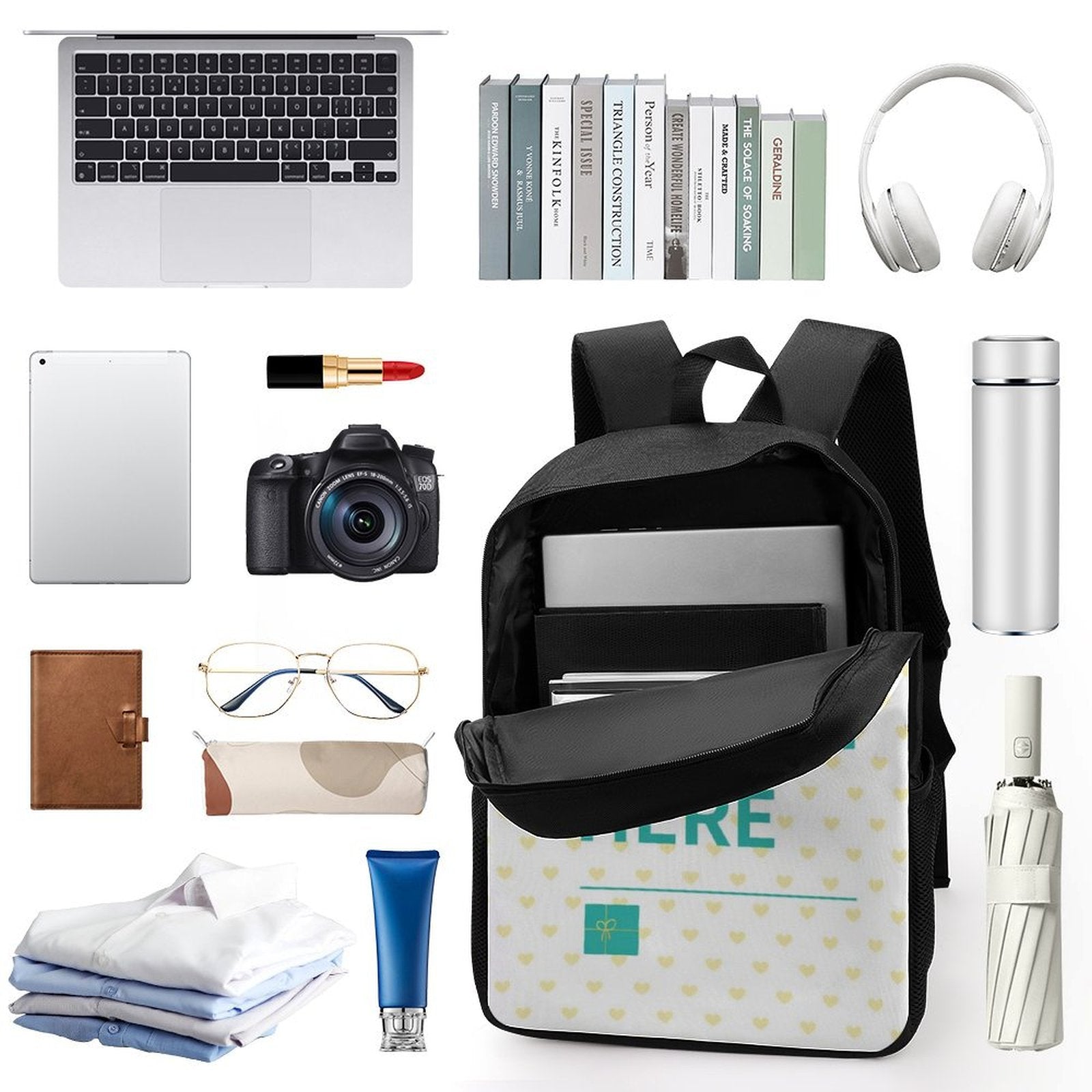 Customizable backpack with 'HERE' design, laptop, camera, and travel accessories; perfect for school, work; MyArtsyGift.