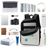 Customizable backpack with 'HERE' design, laptop, camera, and travel accessories; perfect for school, work; MyArtsyGift.