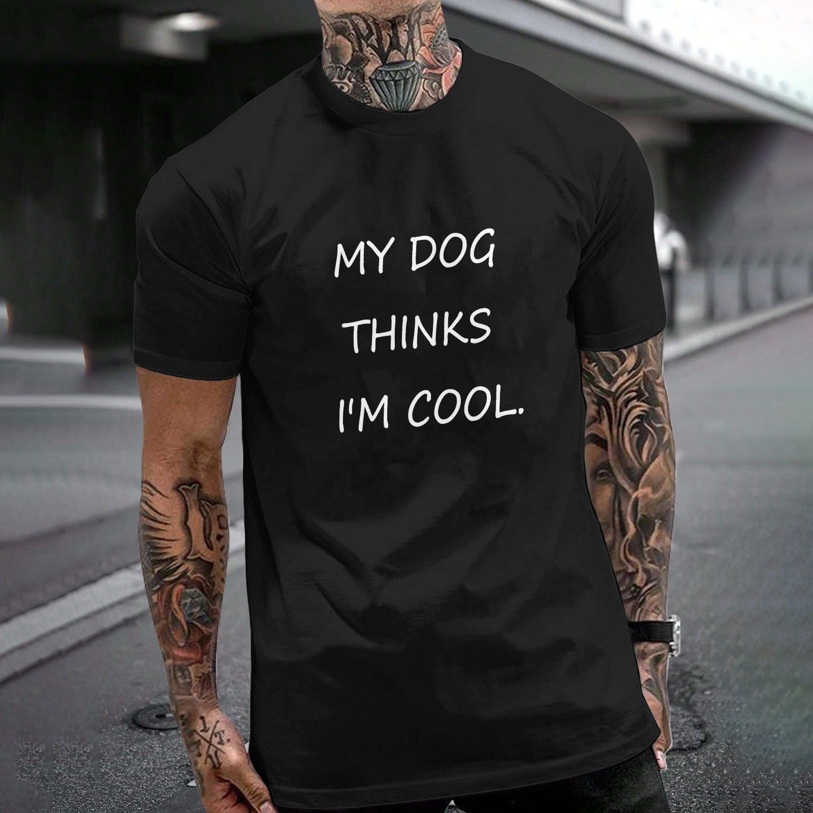 Black cotton unisex T-shirt with "My Dog Thinks I'm Cool" text print, Gildan tee