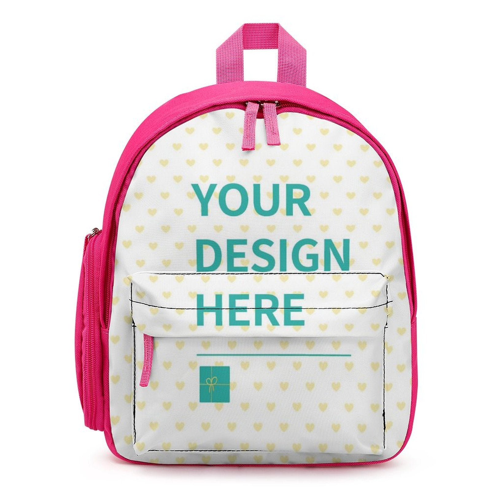 Customizable pink kids backpack with heart pattern and 'YOUR DESIGN HERE' text for school bookbag.