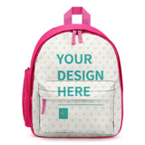 Customizable pink kids backpack with heart pattern and 'YOUR DESIGN HERE' text for school bookbag.