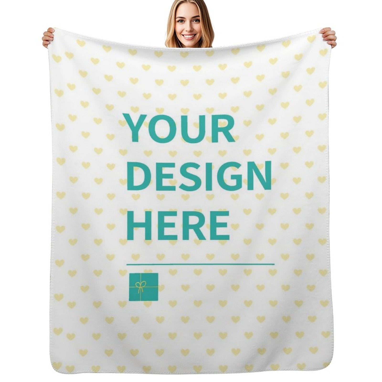 Customizable heart-patterned lamb wool fleece blanket, perfect for gifting. Features 'YOUR DESIGN HERE' text. Made in USA.