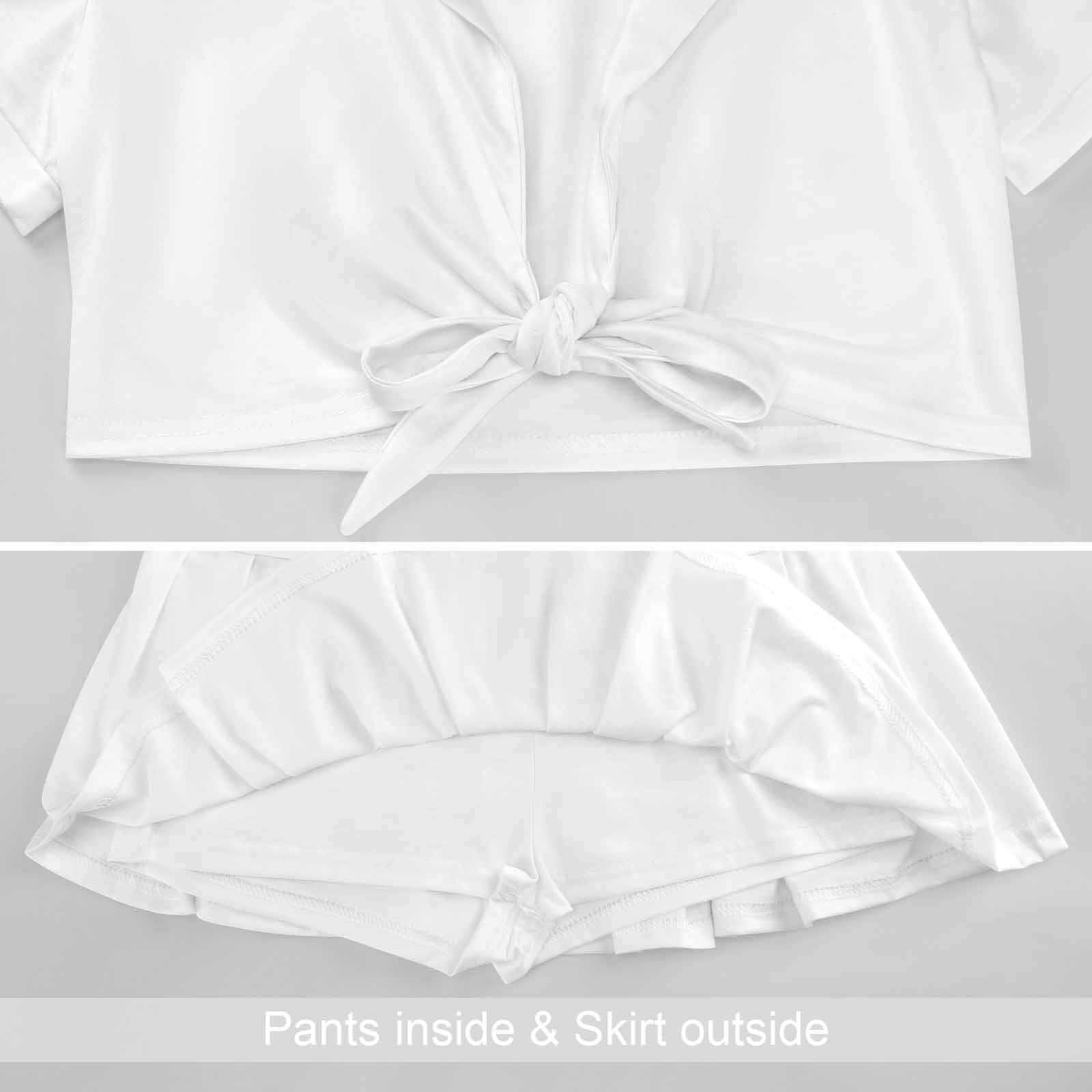 White cheerleader uniform set, tie-front top and pleated skirt. Sexy cheerleading outfit made of Milk Silk.