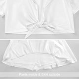 White cheerleader uniform set, tie-front top and pleated skirt. Sexy cheerleading outfit made of Milk Silk.